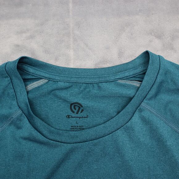 Champion Shirt Mens L Green Long Sleeve Crew Neck Polyester Logo Casual T Shirt - Picture 7 of 16